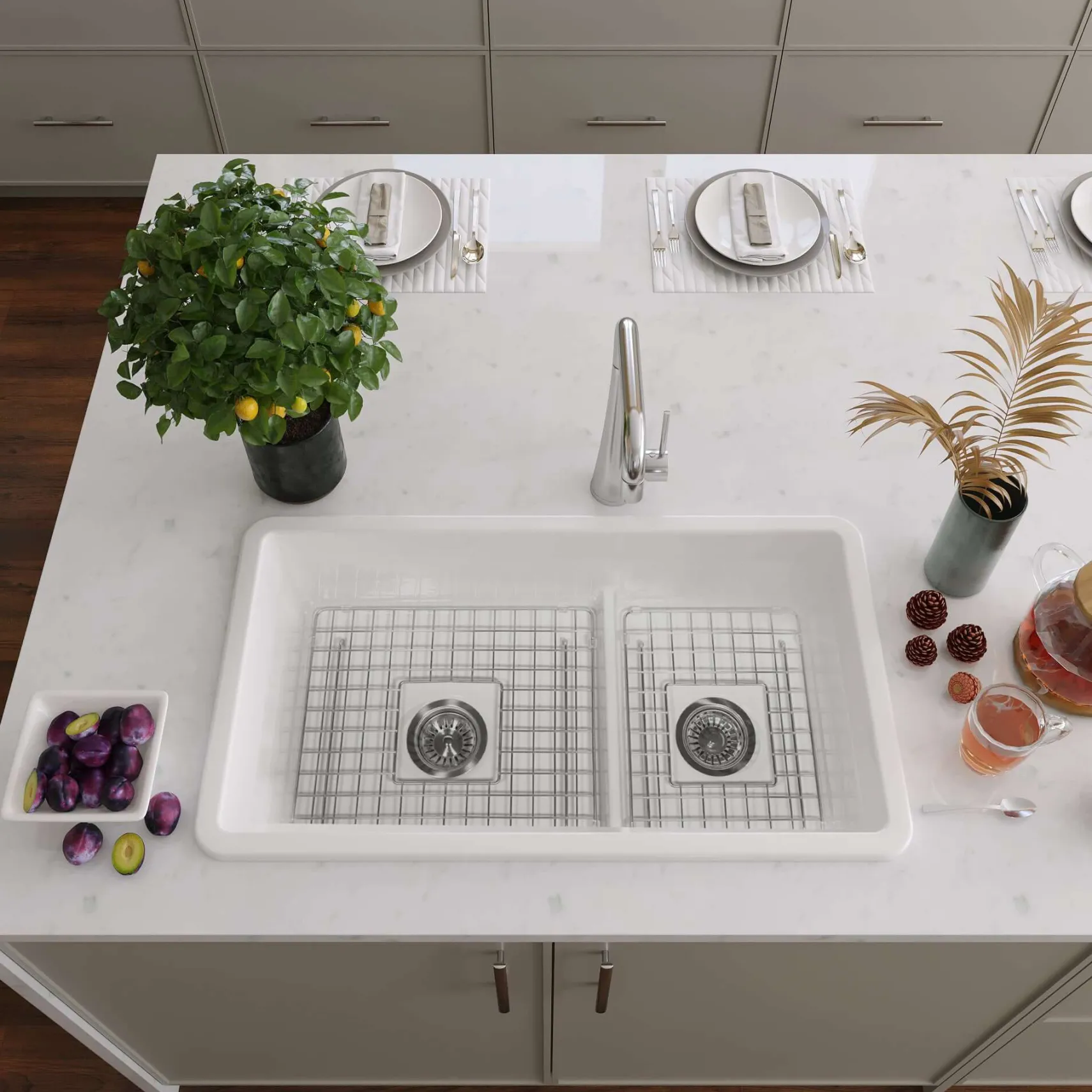 Nantucket Sinks Cape 31" Dual Mount Fireclay Kitchen Sink with Accessories, 60/40 Double Bowl, White, Wellfleet-31OSW
