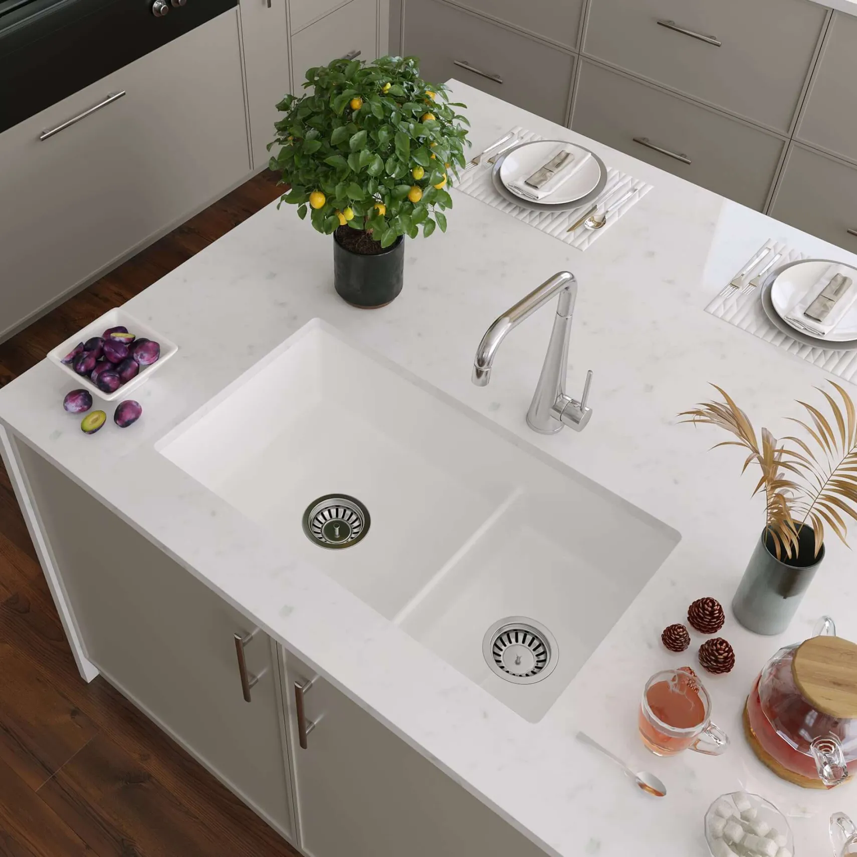 Nantucket Sinks Cape 31" Dual Mount Fireclay Kitchen Sink with Accessories, 60/40 Double Bowl, White, Wellfleet-31OSW