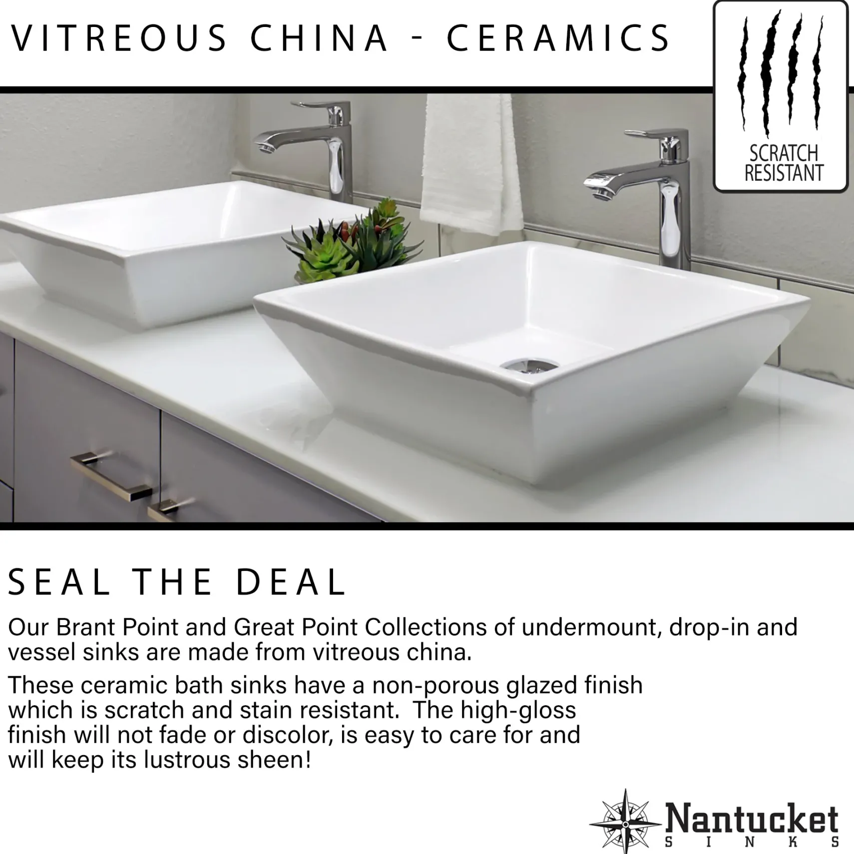 Nantucket Sinks Great Point 19" Ceramic Bathroom Sink, White, GB-17x14-W