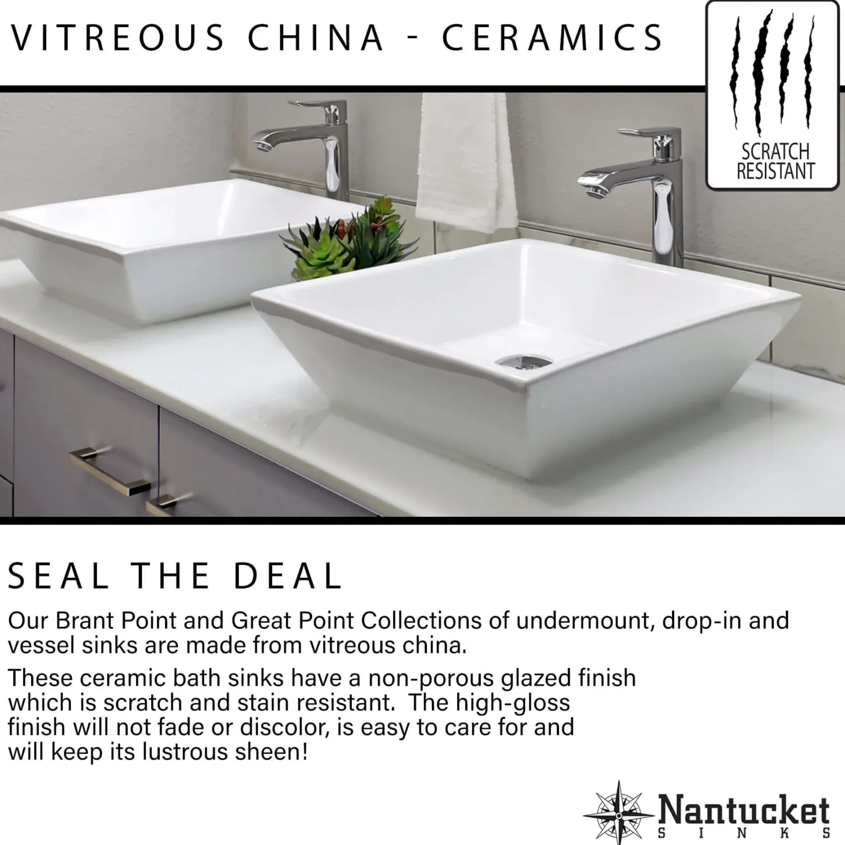 Nantucket Sinks Great Point 19.7.5" x 16" Rectangular Undermount Ceramic - Vitreous China Bathroom Sink with Accessories, White, UM-2016C-W
