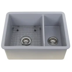 Nantucket Sinks Island 24" Dual Mount Fireclay Kitchen Sink with Accessories, 67/33 Double Bowl, Matte Grey, ISFC24x18GR-DB2