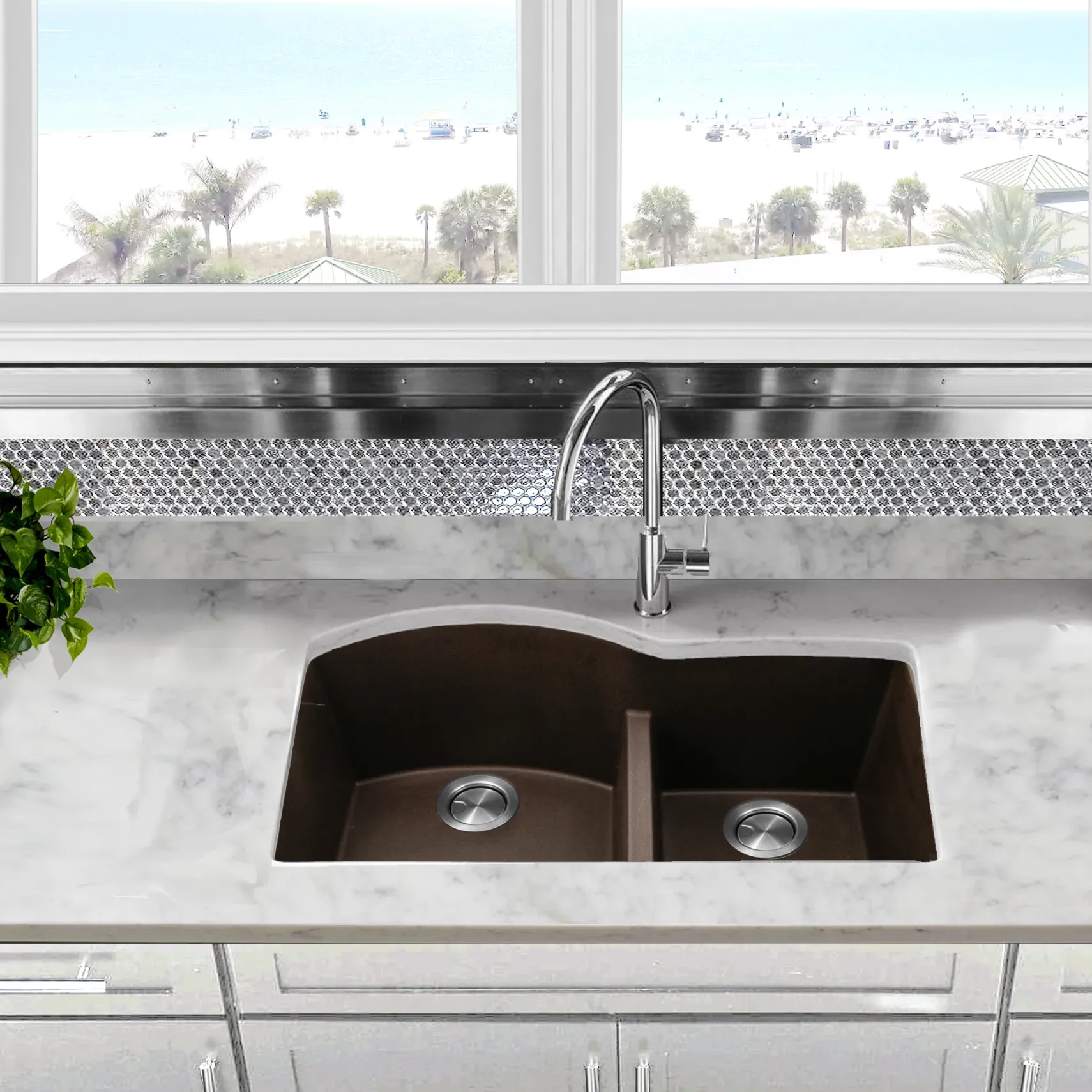 Nantucket Sinks Plymouth 33" Granite Composite Kitchen Sink, 60/40 Double Bowl, Brown, PR6040-BR-UM