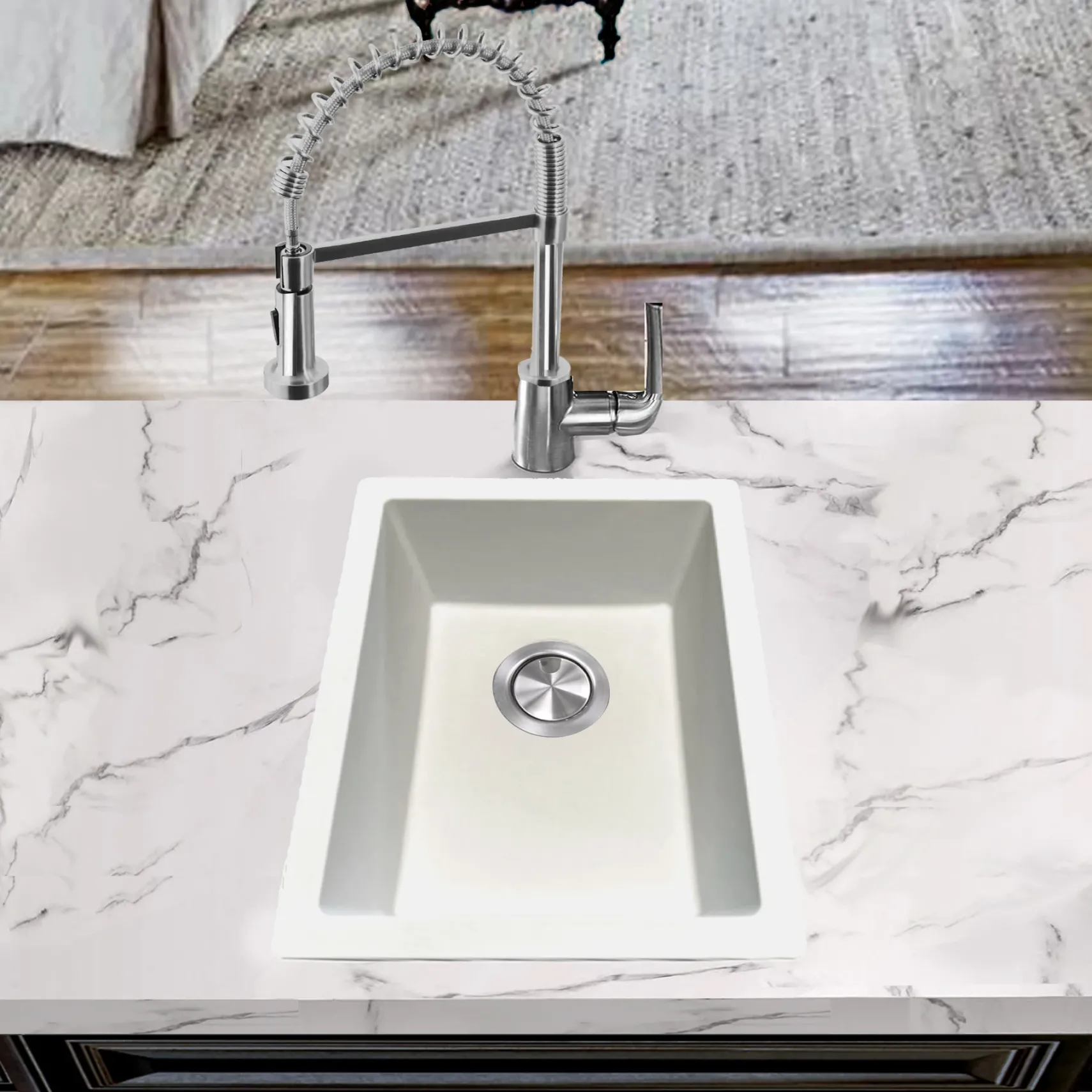 Nantucket Sinks Rockport 15" Rectangle Granite Composite Bar/Kitchen Sink with Accessories, White, PR1815-W