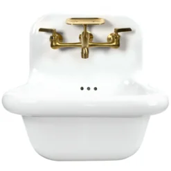Nantucket Sinks Victorian 16.5" x 16.5" Irregular Wallmount Fireclay Bathroom Sink with Faucet and Accessories, White/Satin Brushed Brass, NS-VC16-WW-SBFCT