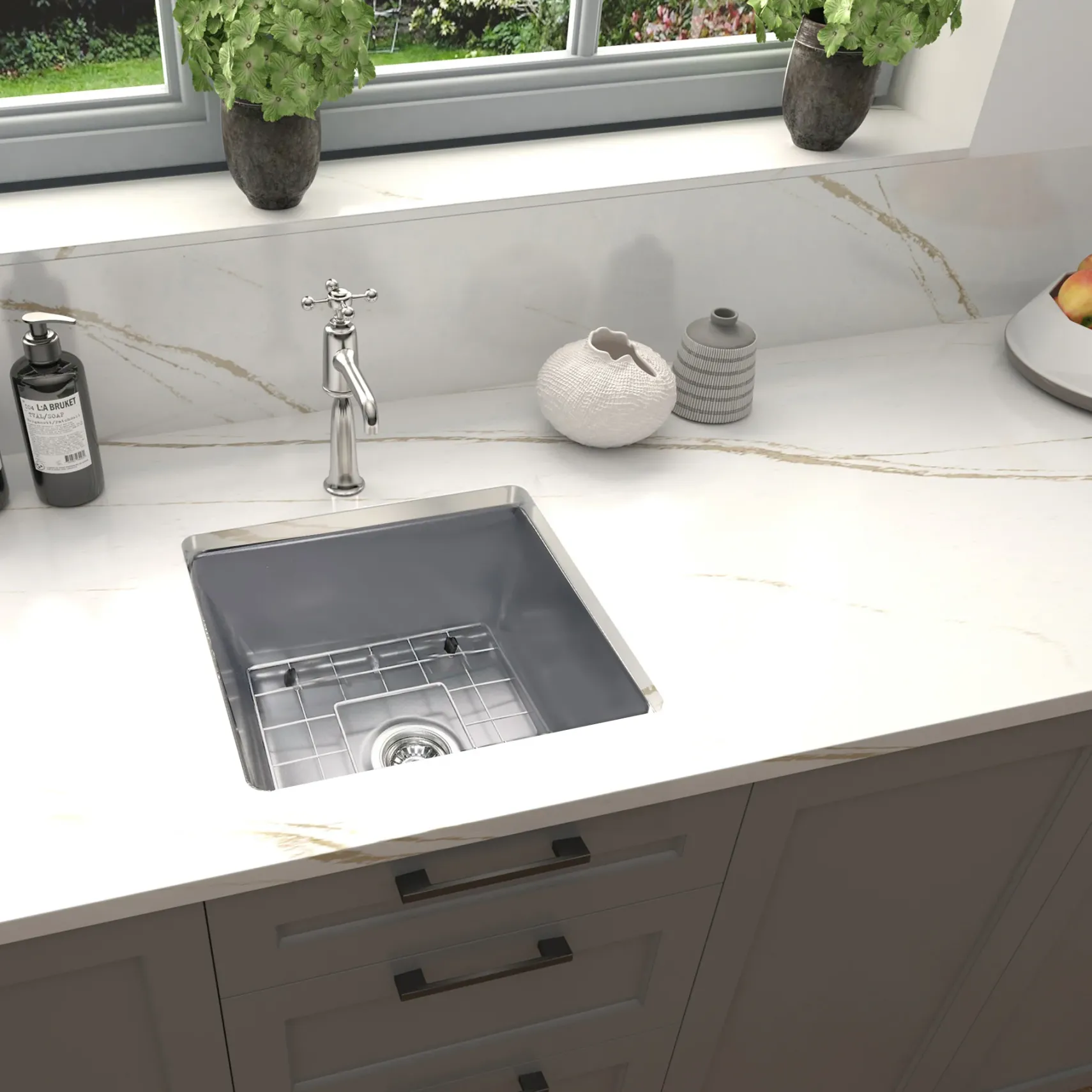 Nantucket Sinks Cape 18" Dual Mount Fireclay Kitchen Sink with Accessories, Matte Grey, Wellfleet-1818GR