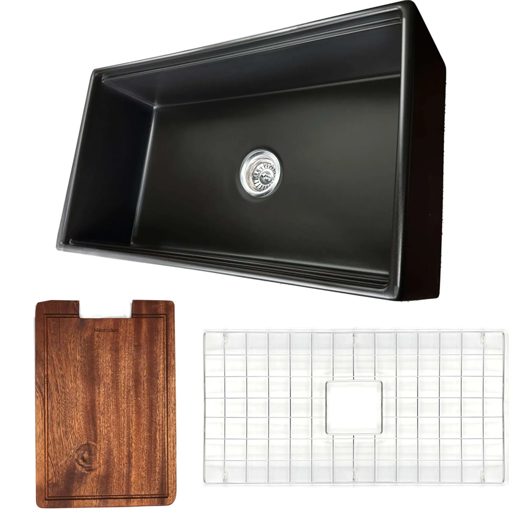 Nantucket Sinks Cape 33" Fireclay Workstation Farmhouse Sink with Accessories, Matte Black, T-PS33MB