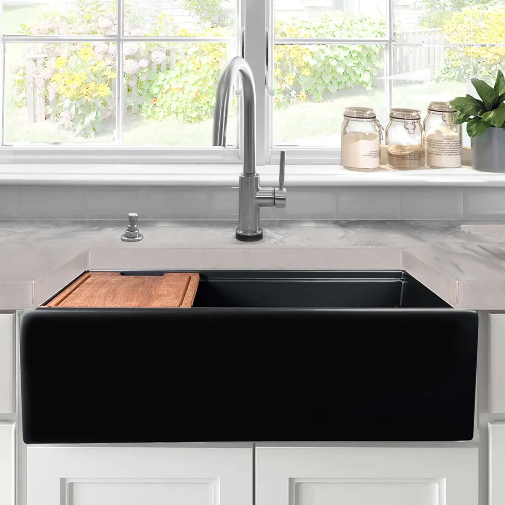 Nantucket Sinks Cape 33" Fireclay Workstation Farmhouse Sink with Accessories, Matte Black, T-PS33MB