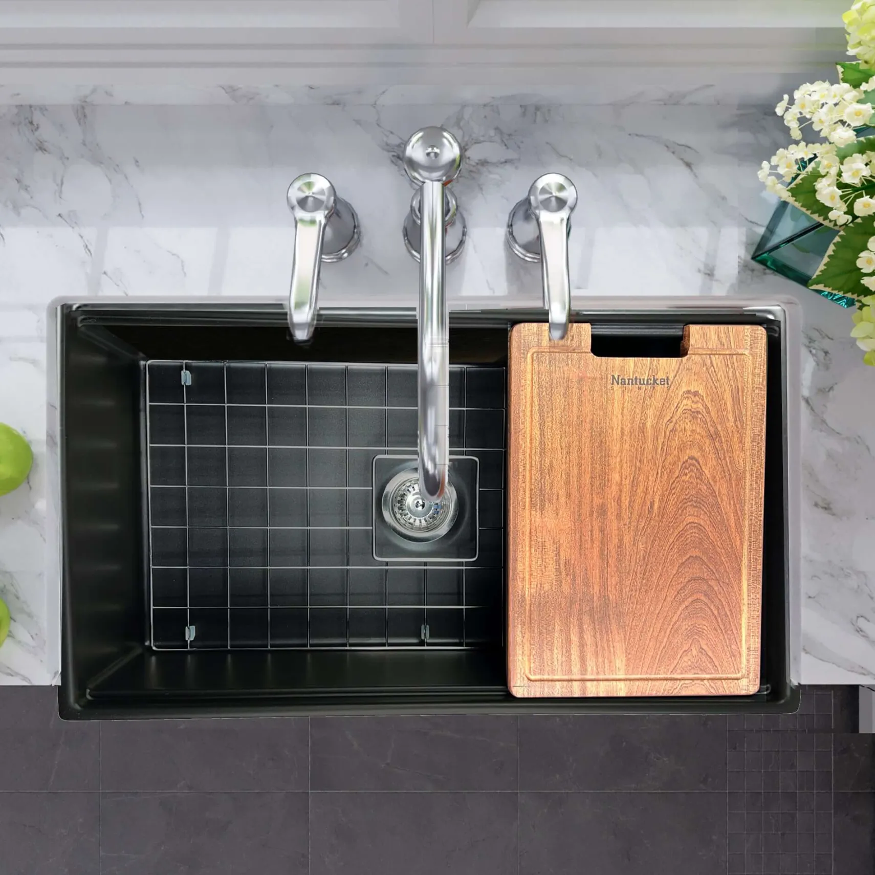 Nantucket Sinks Cape 33" Fireclay Workstation Farmhouse Sink with Accessories, Matte Black, T-PS33MB