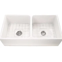 Nantucket Sinks Cape 36" Fireclay Farmhouse Sink with Accessories, White, T-FCFS36-DBL