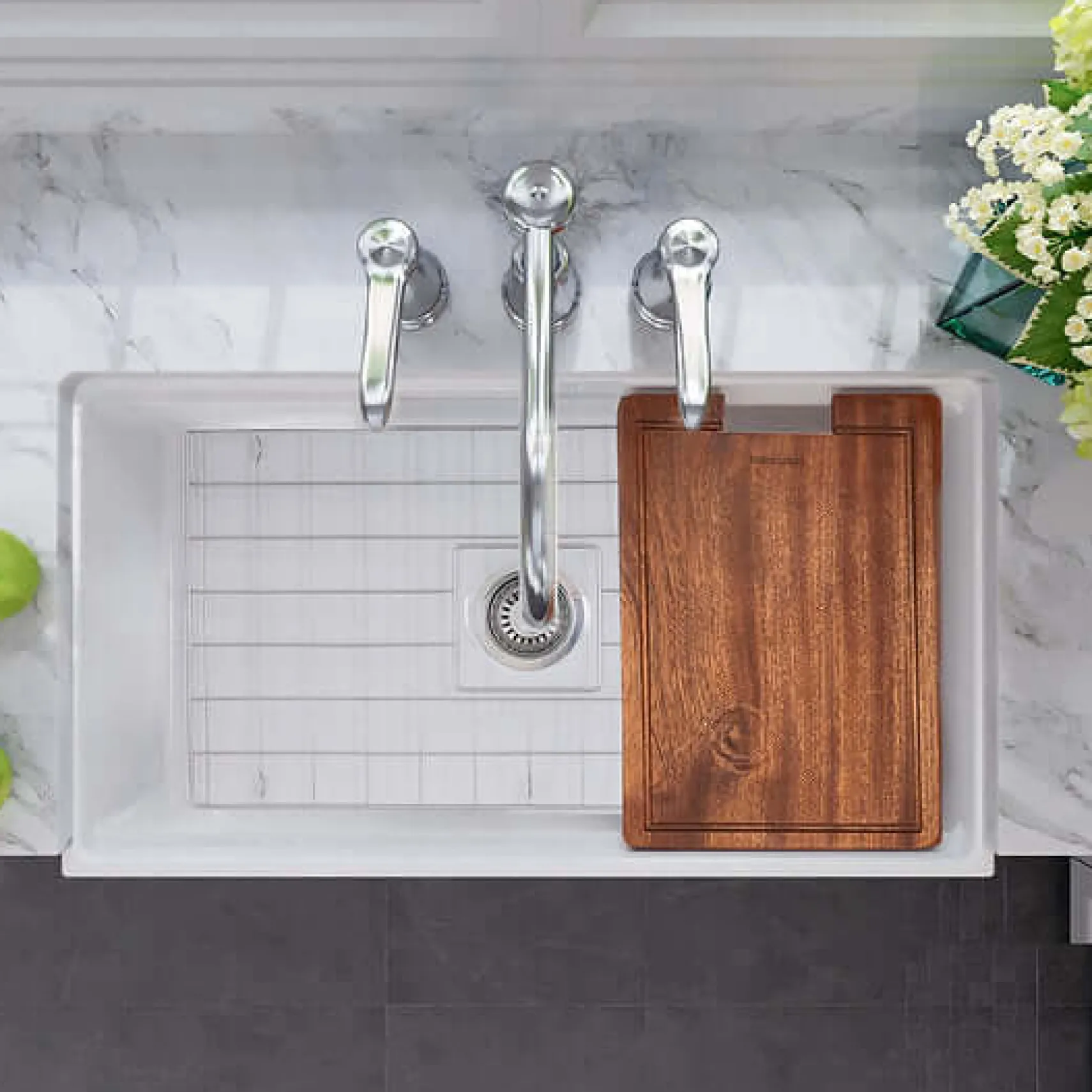 Nantucket Sinks Cape 33" Fireclay Workstation Farmhouse Sink with Accessories, White, T-PS33W