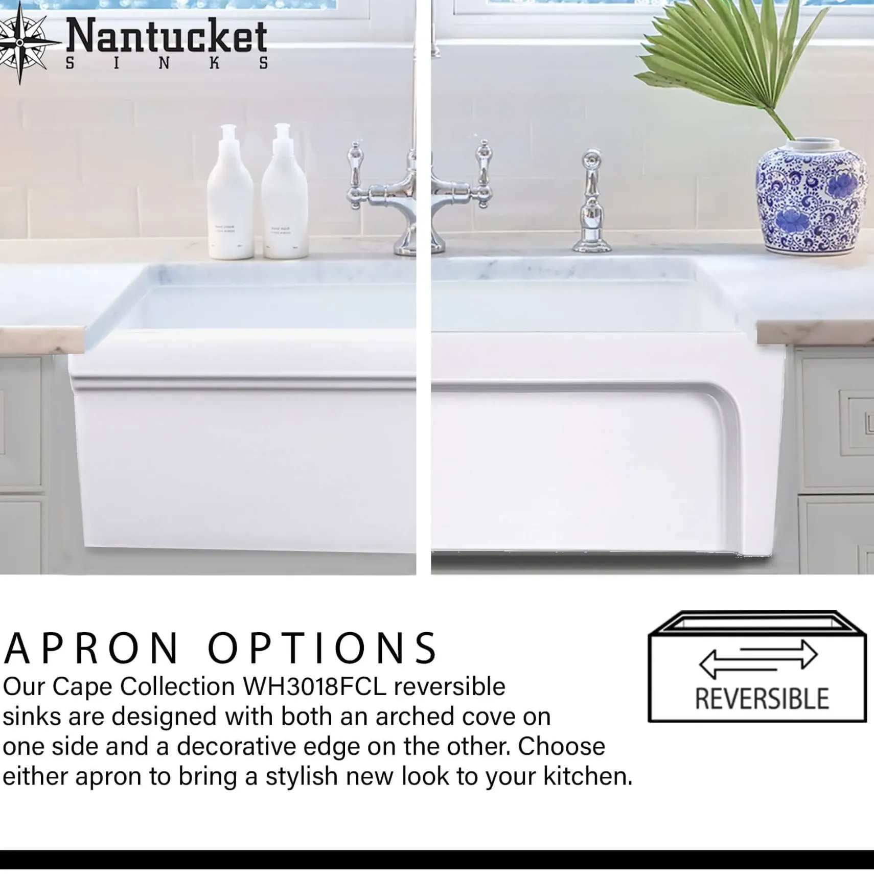 Nantucket Sinks Cape 30" Fireclay Farmhouse Sink, White, WH3018FCL