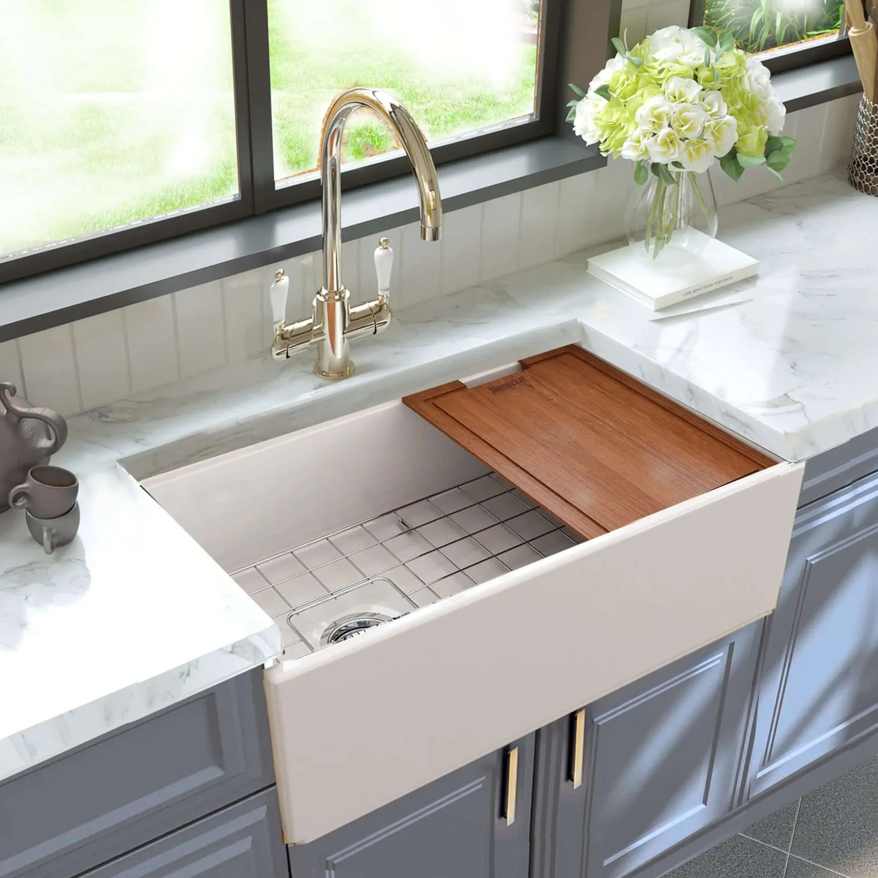 Nantucket Sinks Cape 30" Fireclay Workstation Farmhouse Sink with Accessories, White, T-PS30W