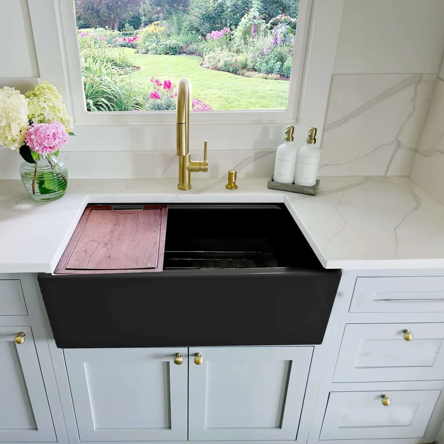 Nantucket Sinks Cape 30" Fireclay Workstation Farmhouse Sink with Accessories, Matte Black, T-PS30MB