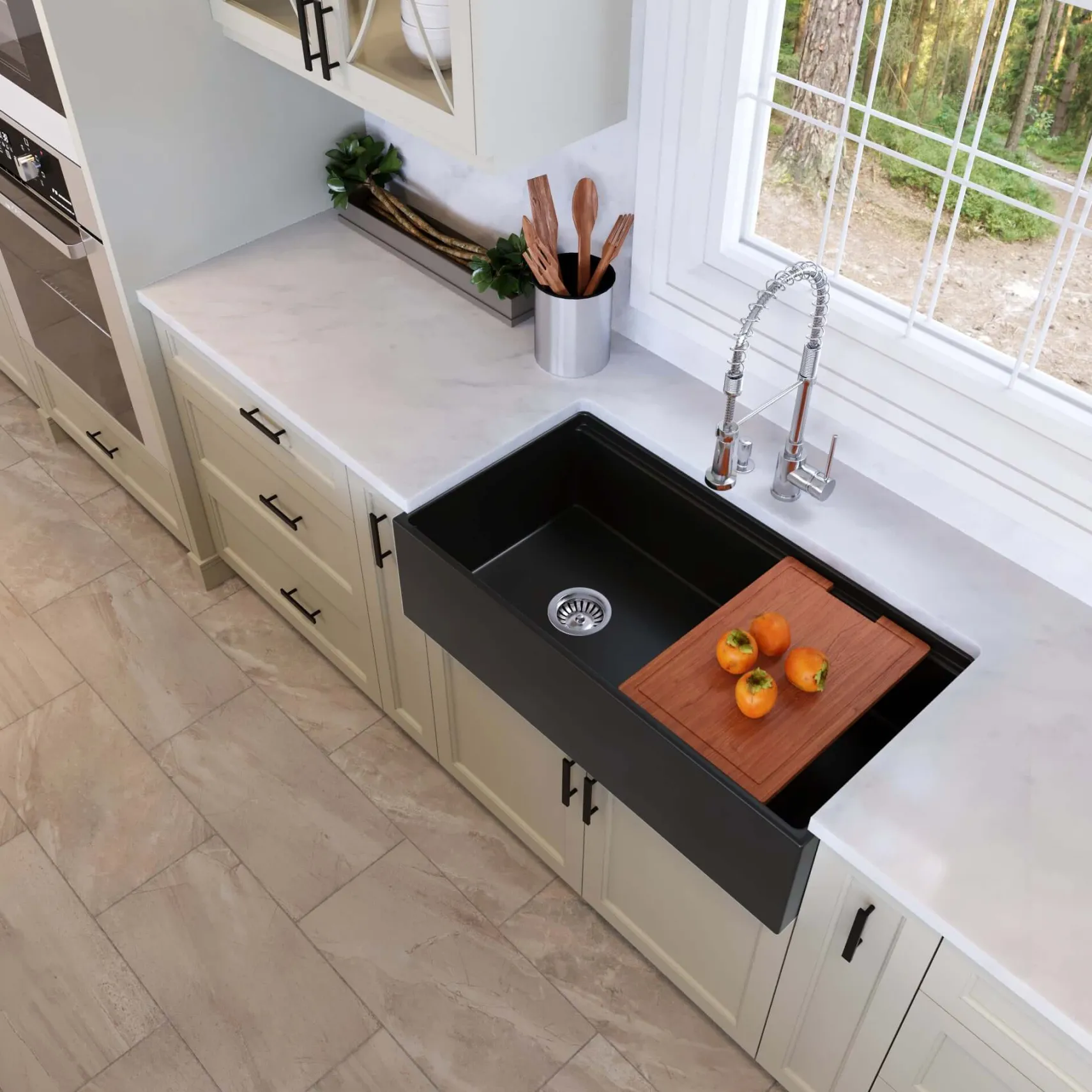 Nantucket Sinks Cape 36" Fireclay Workstation Farmhouse Sink with Accessories, Matte Black, T-PS36MB