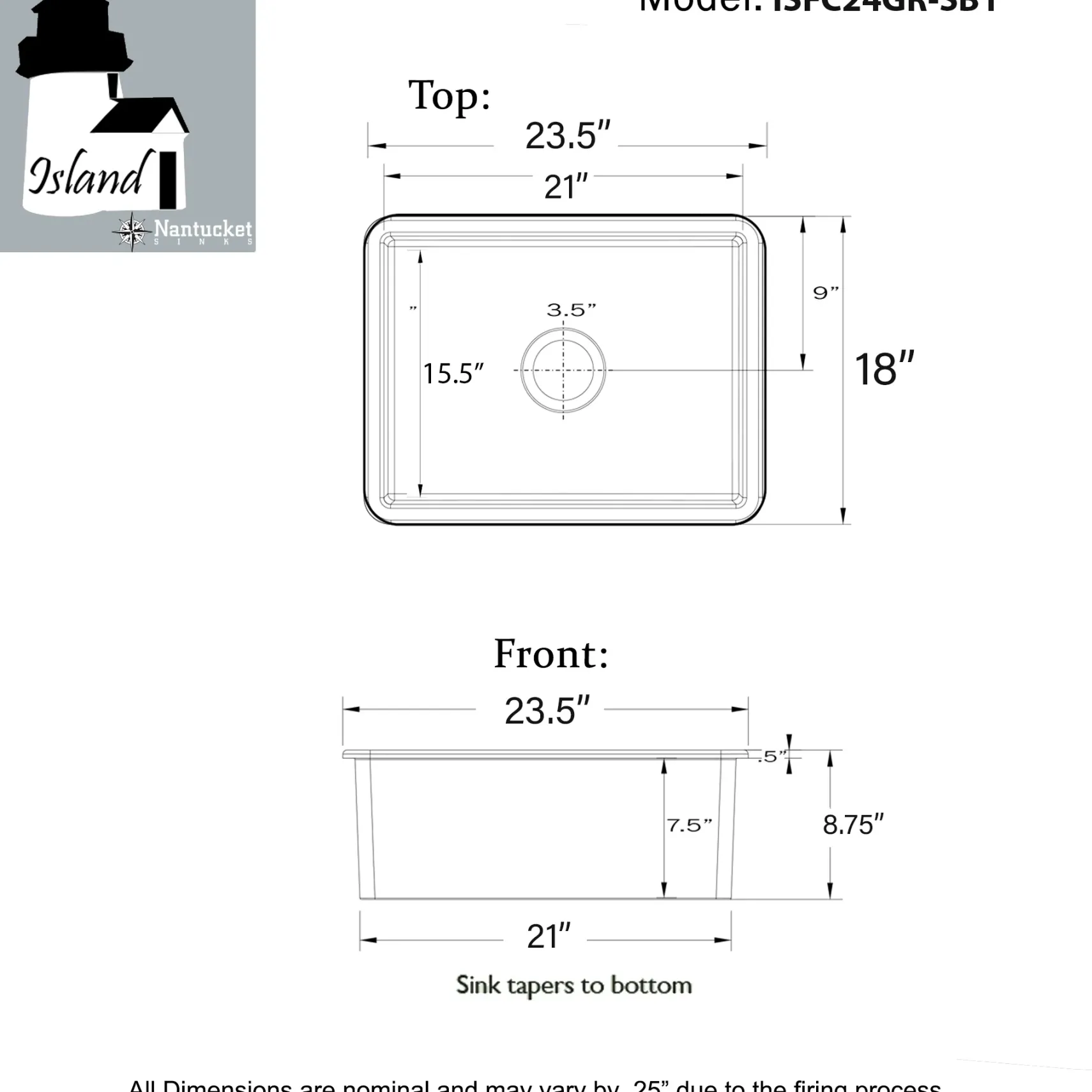 Nantucket Sinks Island 24" Dual Mount Fireclay Kitchen Sink with Accessories, Matte Grey, ISFC24GR-SB1