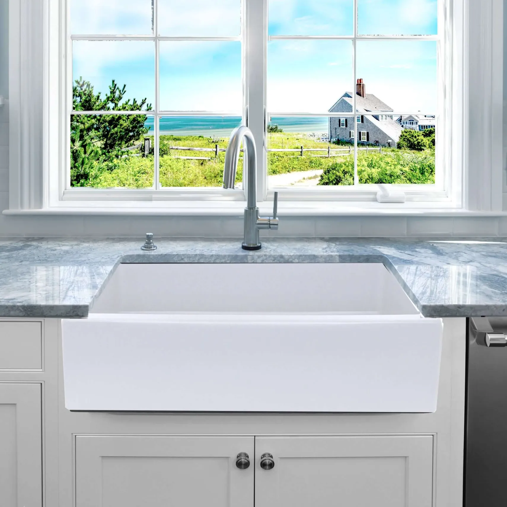 Nantucket Sinks Island 36" Fireclay Farmhouse Sink, White, ISFCW36x18SO