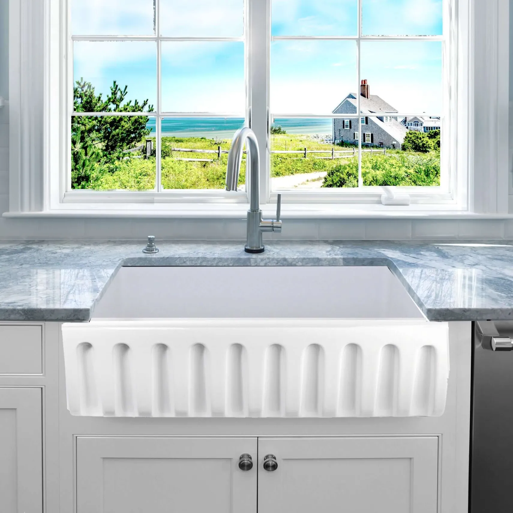 Nantucket Sinks Island 36" Fireclay Farmhouse Sink, White, ISFCW36x18SO