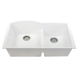 Nantucket Sinks Plymouth 33" Granite Composite Kitchen Sink, 60/40 Double Bowl, White, PR6040-W-UM
