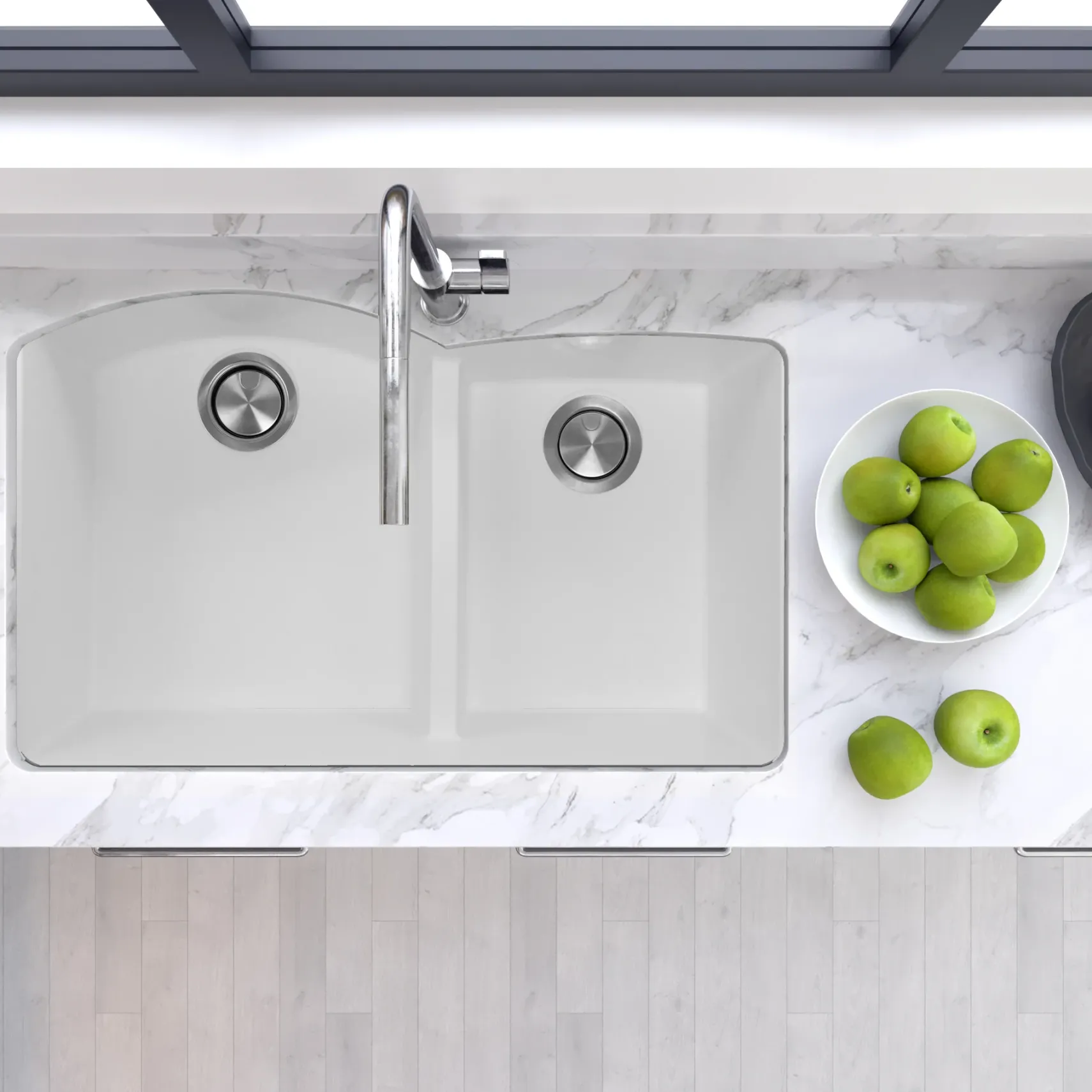 Nantucket Sinks Plymouth 33" Granite Composite Kitchen Sink, 60/40 Double Bowl, White, PR6040-W-UM
