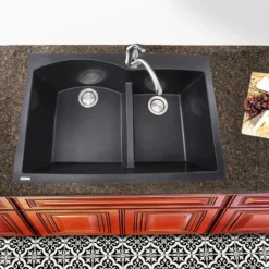 Nantucket Sinks Plymouth 33" Granite Composite Kitchen Sink, 60/40 Double Bowl, Black, PR6040-BL