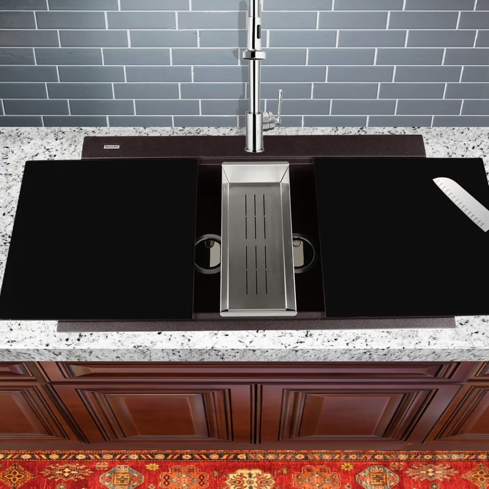 Nantucket Sinks Plymouth 34" Granite Composite Kitchen Sink, 50/50 Double Bowl, Brown, PR3420PS-BR