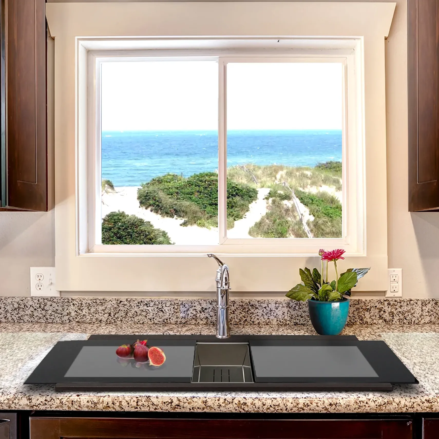 Nantucket Sinks Plymouth 34" Granite Composite Kitchen Sink, 50/50 Double Bowl, Brown, PR3420PS-BR