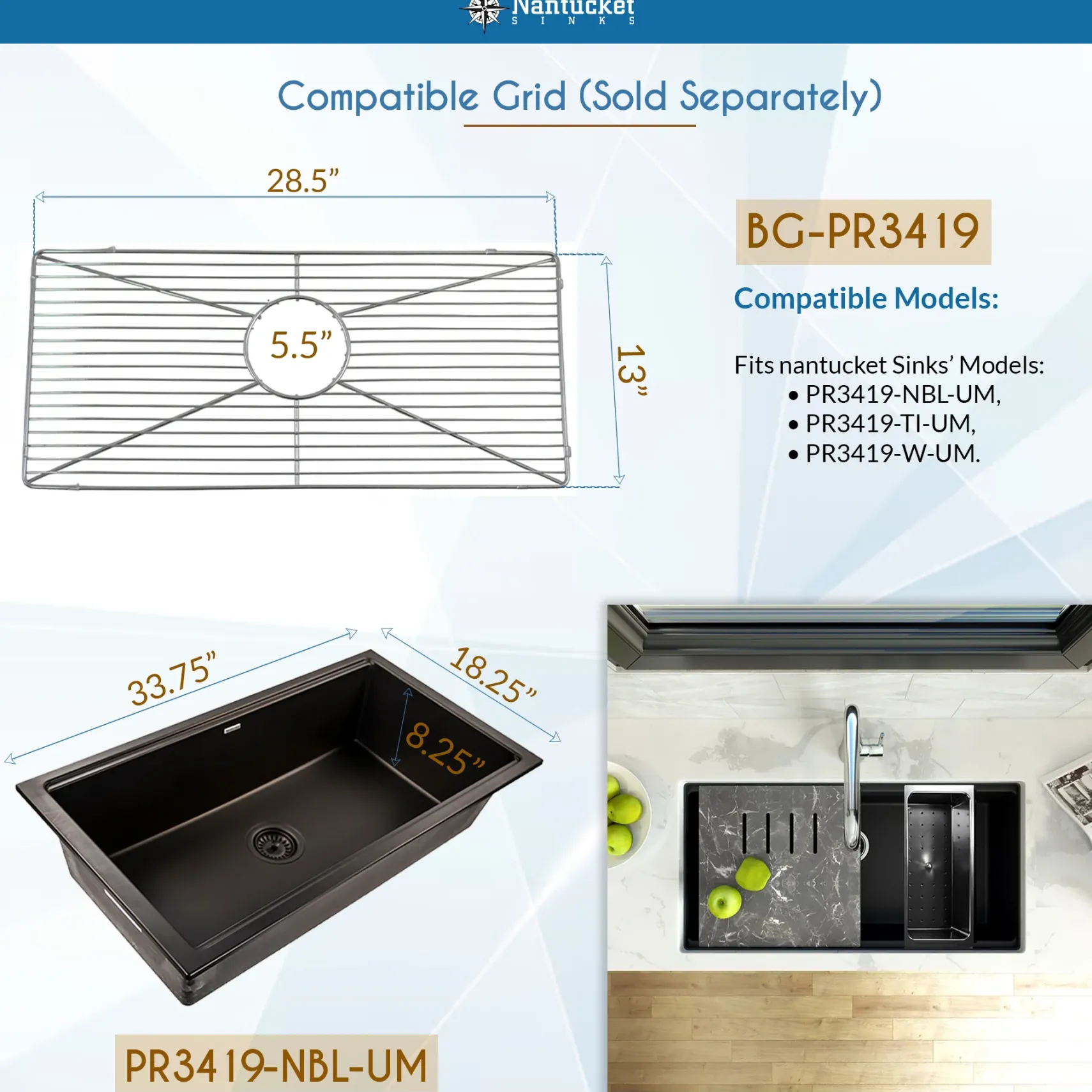 Nantucket Sinks Plymouth 34" Undermount Granite Composite Workstation Kitchen Sink with Accessories, Titanium Grey, PR3419-TI-UM