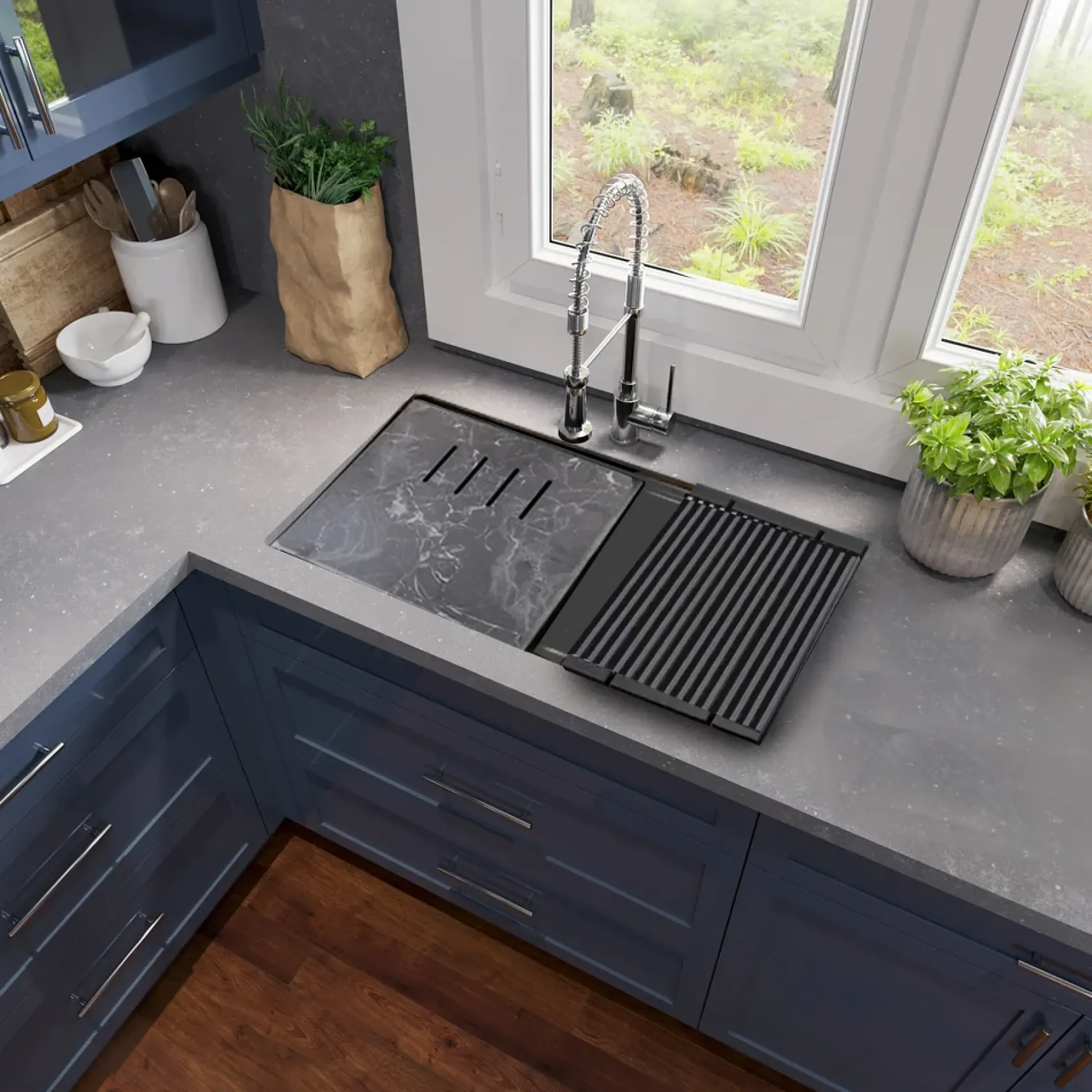 Nantucket Sinks Plymouth 34" Undermount Granite Composite Workstation Kitchen Sink with Accessories, Titanium Grey, PR3419-TI-UM