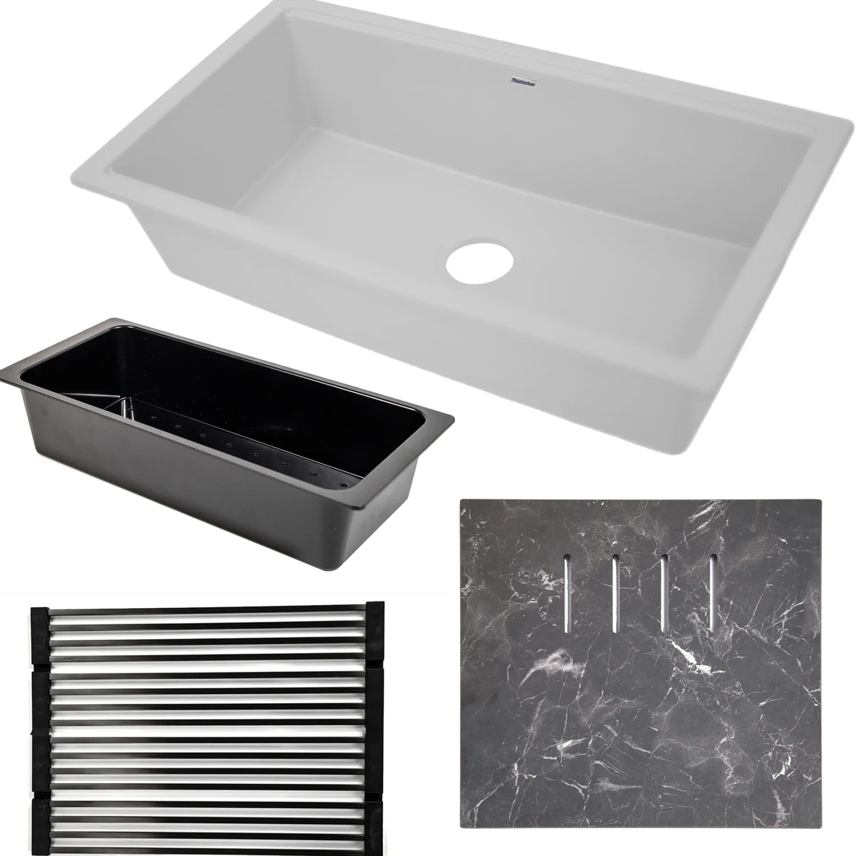 Nantucket Sinks Plymouth 34" Undermount Granite Composite Workstation Kitchen Sink with Accessories, White, PR3419-W-UM
