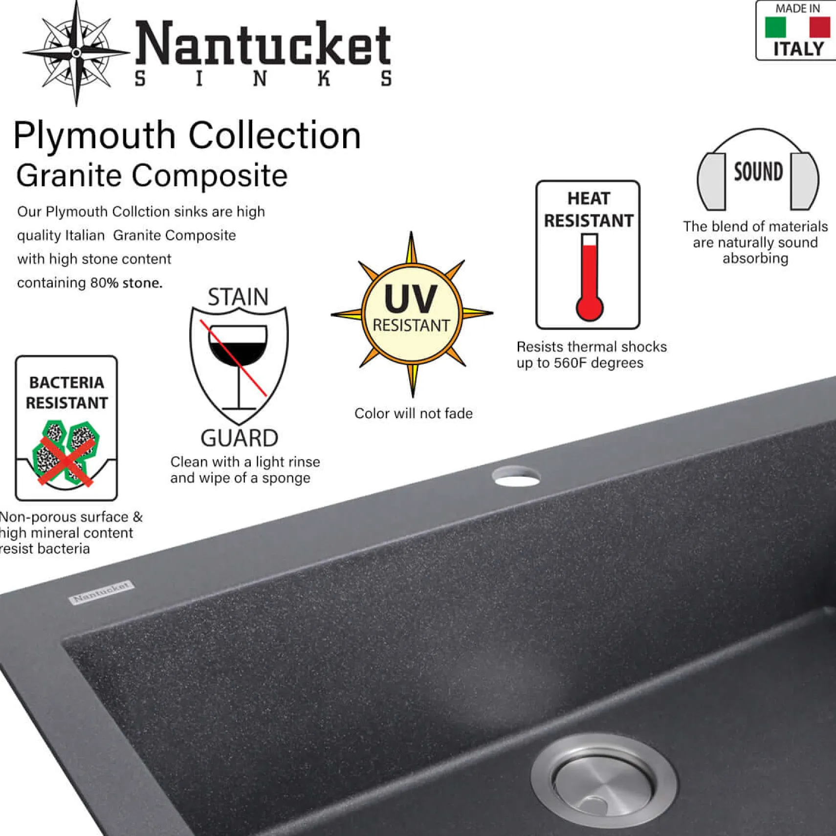 Nantucket Sinks Rockport 30" Dual Mount Granite Composite Workstation Kitchen Sink with Accessories, Black, PR3019PS-BL