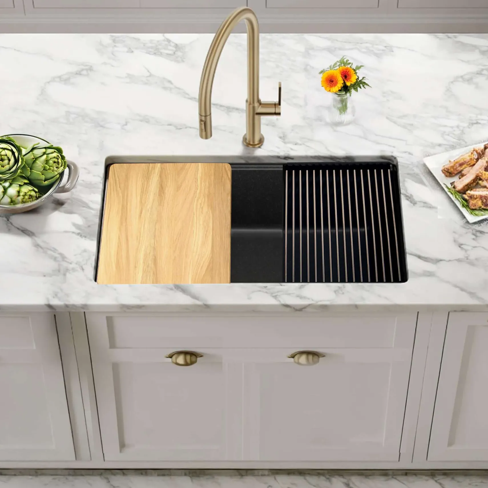 Nantucket Sinks Rockport 30" Dual Mount Granite Composite Workstation Kitchen Sink with Accessories, Black, PR3019PS-BL