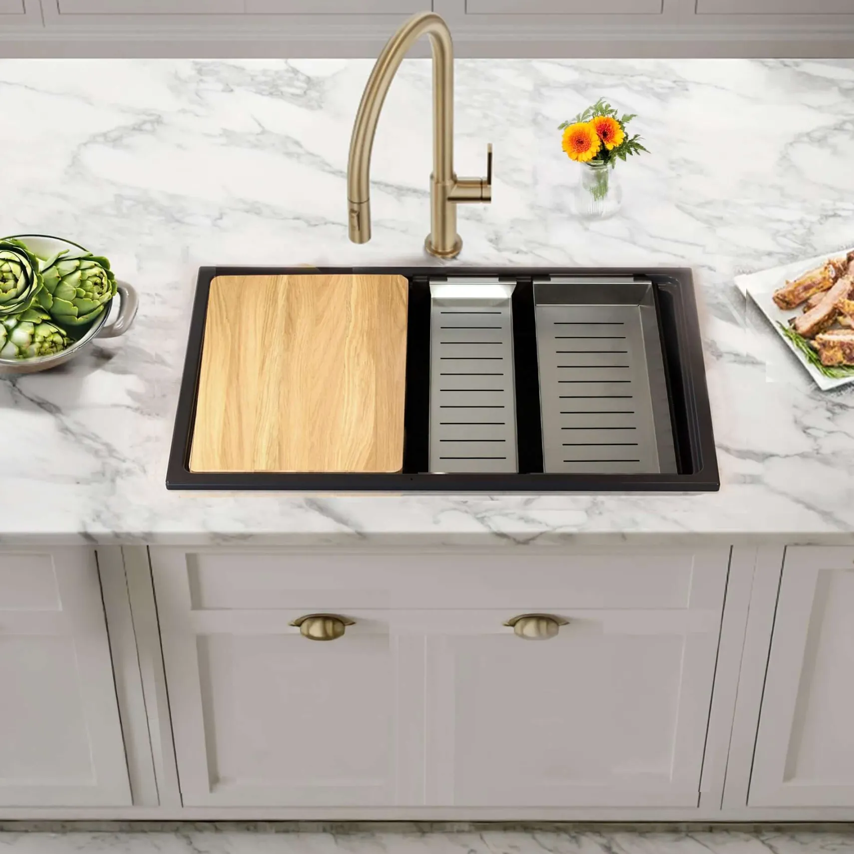 Nantucket Sinks Rockport 30" Dual Mount Granite Composite Workstation Kitchen Sink with Accessories, Black, PR3019PS-BL