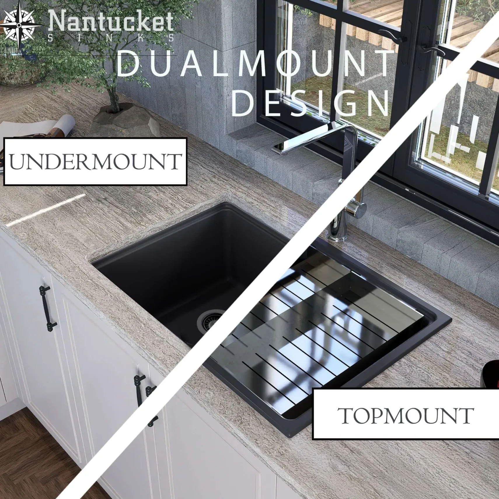 Nantucket Sinks Rockport 30" Dual Mount Granite Composite Workstation Kitchen Sink with Accessories, Black, PR3019PS-BL