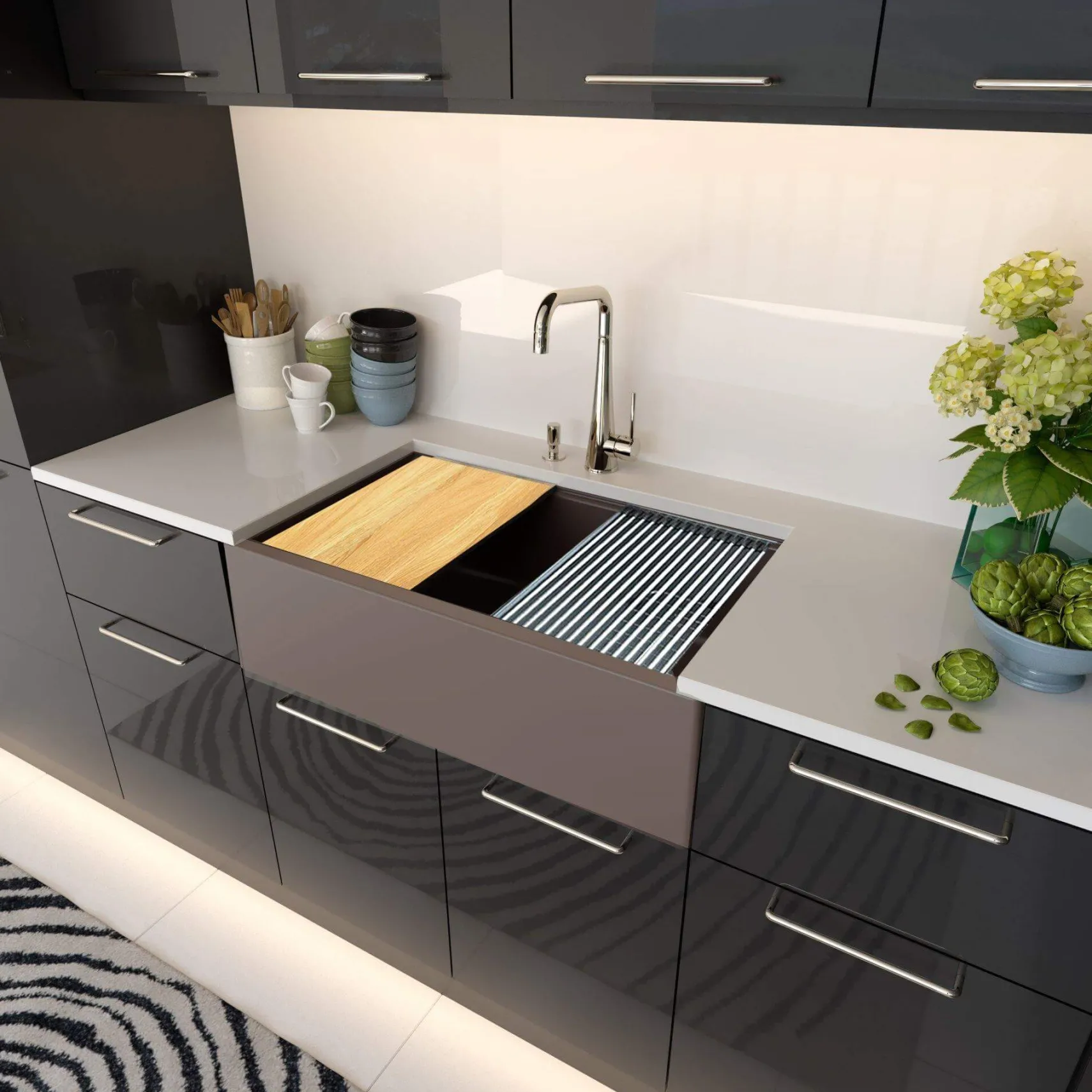 Nantucket Sinks Rockport 33" Granite Composite Workstation Farmhouse Sink with Accessories, Brown, PR3320-APS-BR