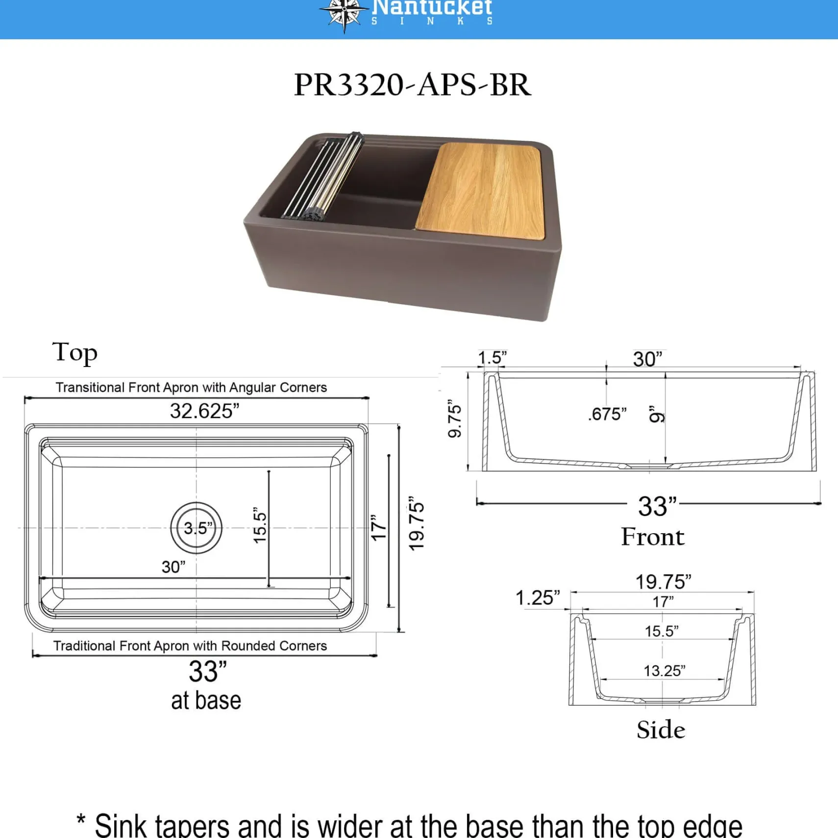 Nantucket Sinks Rockport 33" Granite Composite Workstation Farmhouse Sink with Accessories, Brown, PR3320-APS-BR