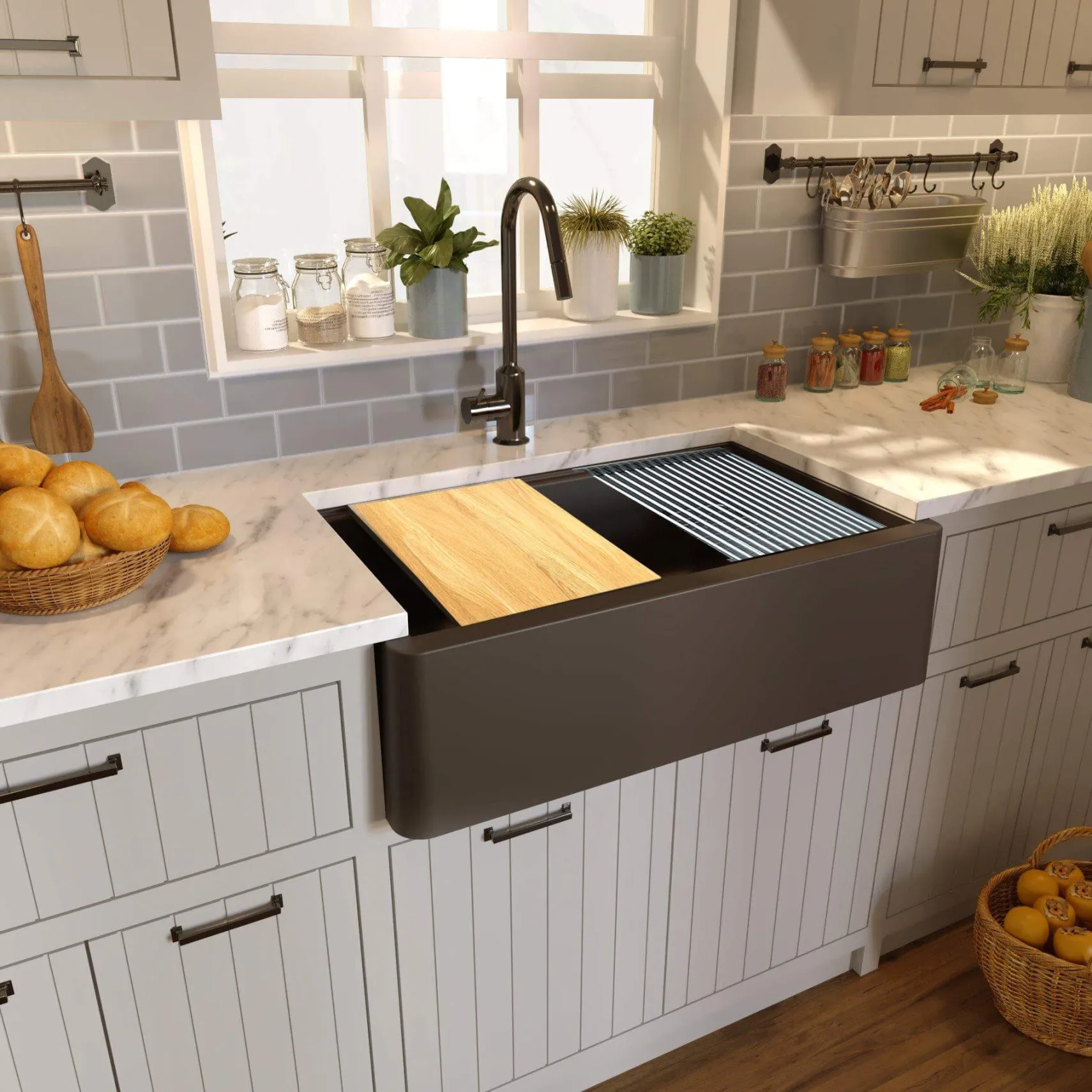 Nantucket Sinks Rockport 33" Granite Composite Workstation Farmhouse Sink with Accessories, Brown, PR3320-APS-BR