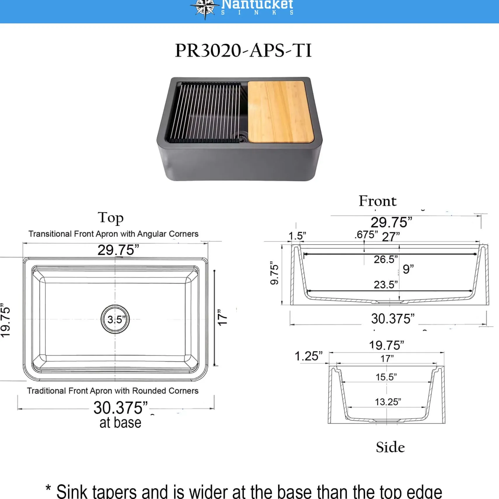 Nantucket Sinks Rockport 30" Granite Composite Workstation Farmhouse Sink with Accessories, Titanium, PR3020-APS-TI