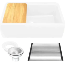 Nantucket Sinks Rockport 33" Granite Composite Workstation Farmhouse Sink with Accessories, White, PR3320-APS-W
