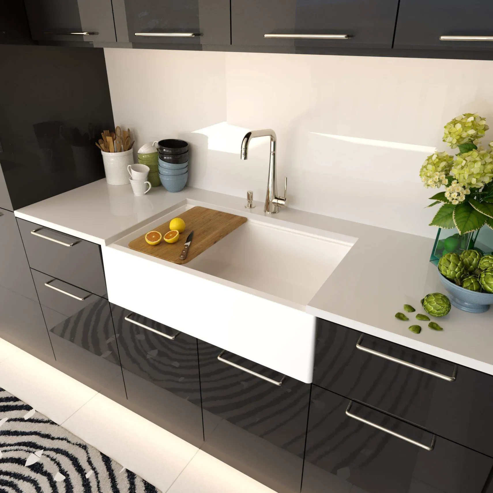 Nantucket Sinks Rockport 33" Granite Composite Workstation Farmhouse Sink with Accessories, White, PR3320-APS-W