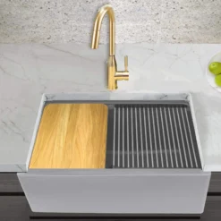 Nantucket Sinks Rockport 30" Granite Composite Workstation Farmhouse Sink with Accessories, Light Grey, PR3020-APS-G