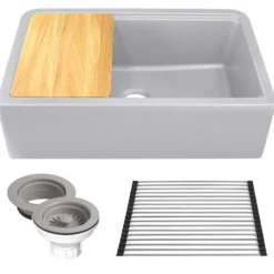 Nantucket Sinks Rockport 33" Granite Composite Workstation Farmhouse Sink with Accessories, Light Grey, PR3320-APS-G