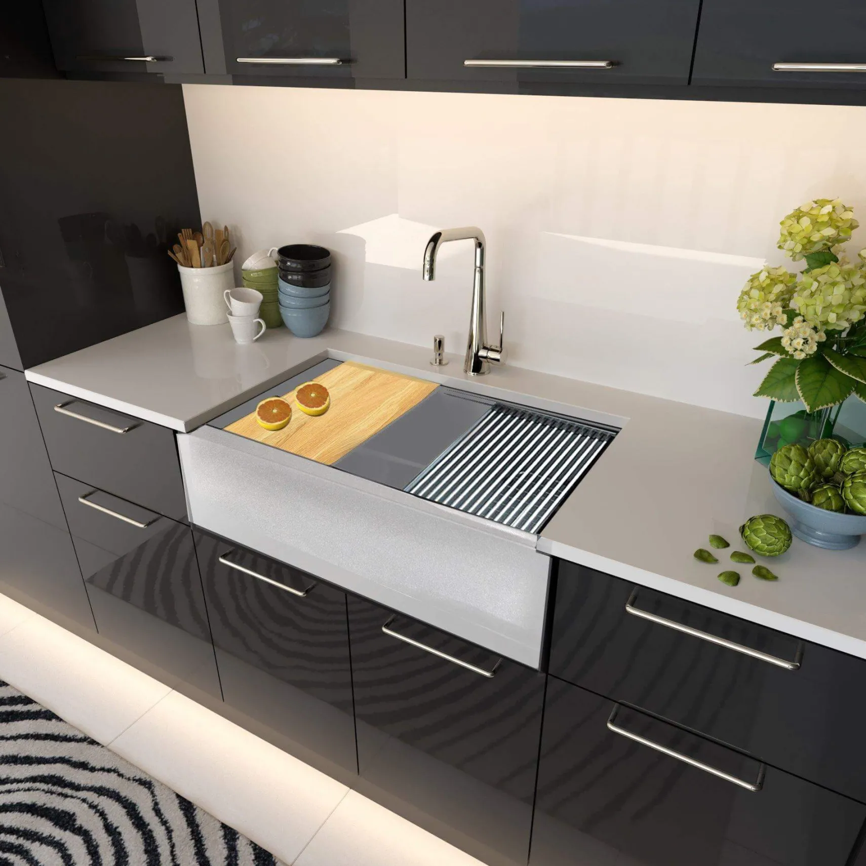 Nantucket Sinks Rockport 33" Granite Composite Workstation Farmhouse Sink with Accessories, Light Grey, PR3320-APS-G
