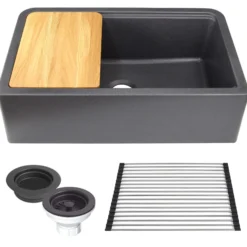 Nantucket Sinks Rockport 33" Granite Composite Workstation Farmhouse Sink with Accessories, Black, PR3320-APS-BL