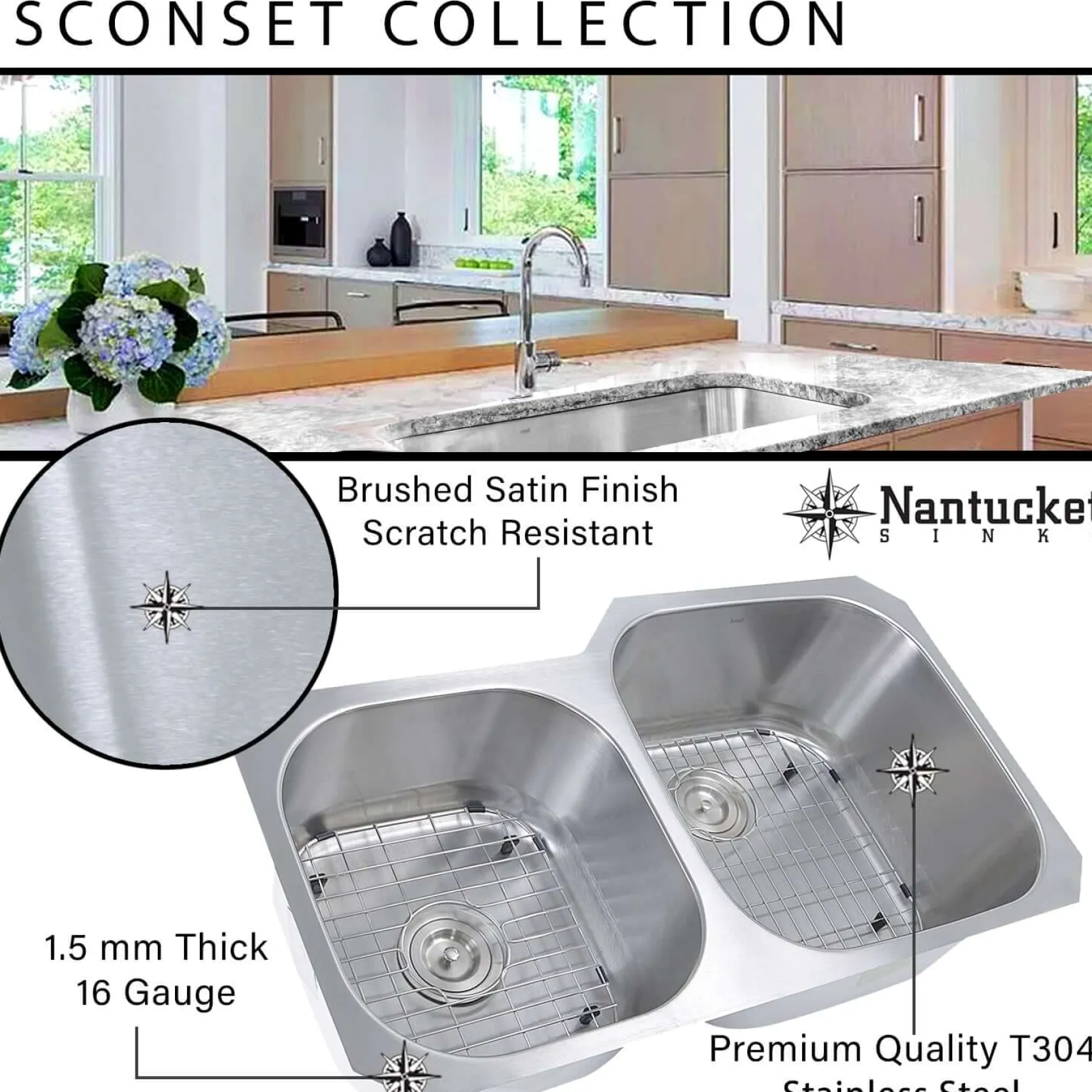 Nantucket Sinks Sconset 32" Stainless Steel Kitchen Sink, 16 Gauge, NS3121-16