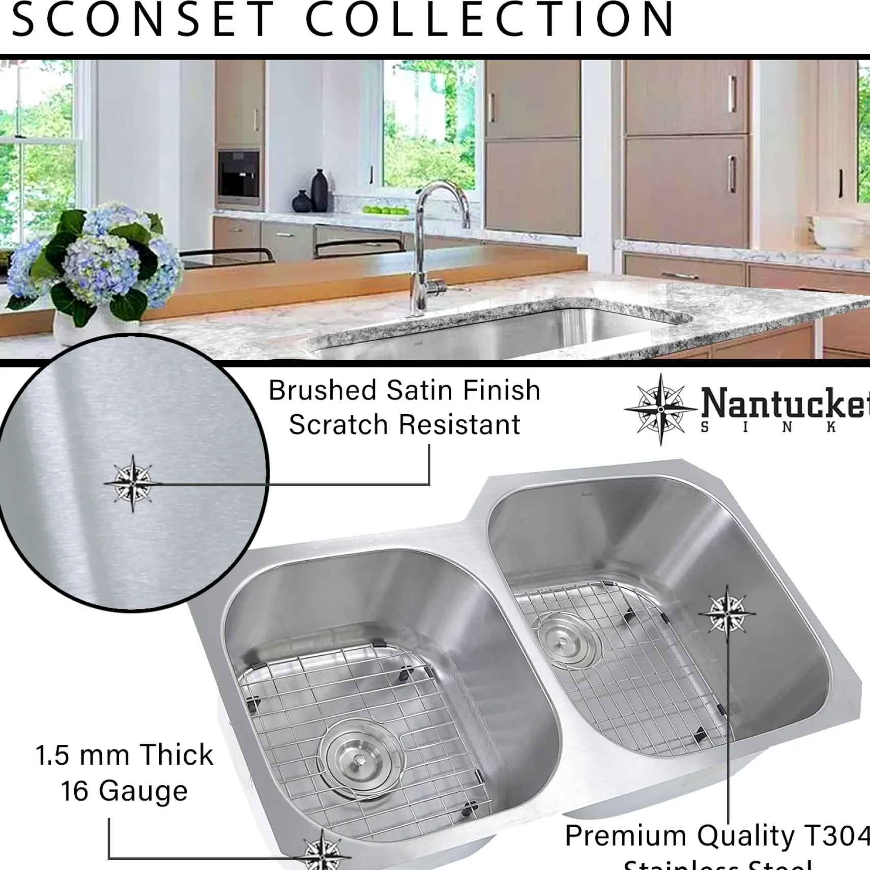 Nantucket Sinks Sconset 32" Stainless Steel Kitchen Sink, 16 Gauge, 60/40 Double Bowl, NS503-16-CB