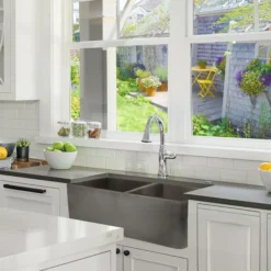 Nantucket Sinks Vineyard 33" Fireclay Farmhouse Sink, Double Bowl, Gray, FCFS3318D-Concrete