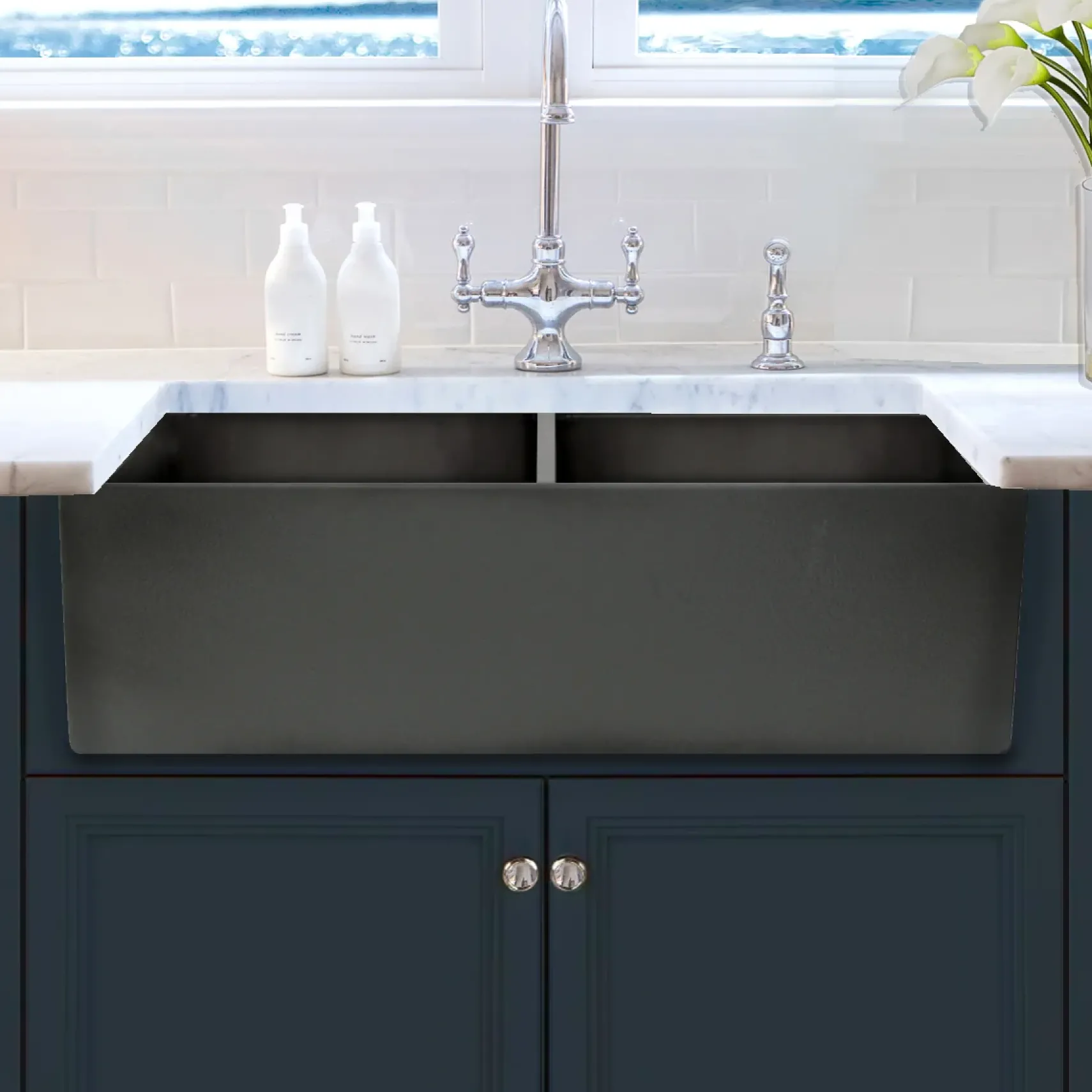 Nantucket Sinks Vineyard 33" Fireclay Farmhouse Sink, Double Bowl, Gray, FCFS3318D-Concrete