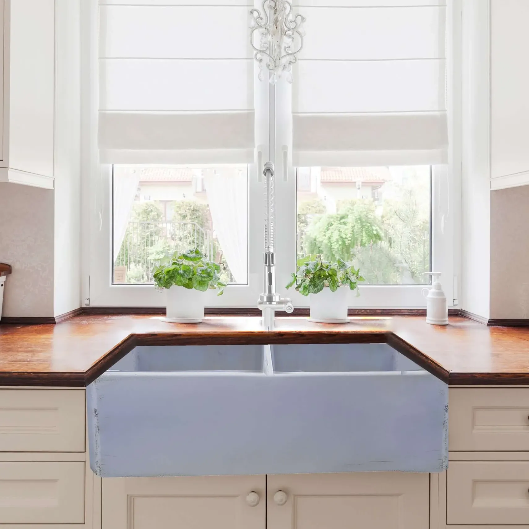 Nantucket Sinks Vineyard 33" Fireclay Farmhouse Sink, Double Bowl, Light Blue, FCFS3318D-ShabbySugar
