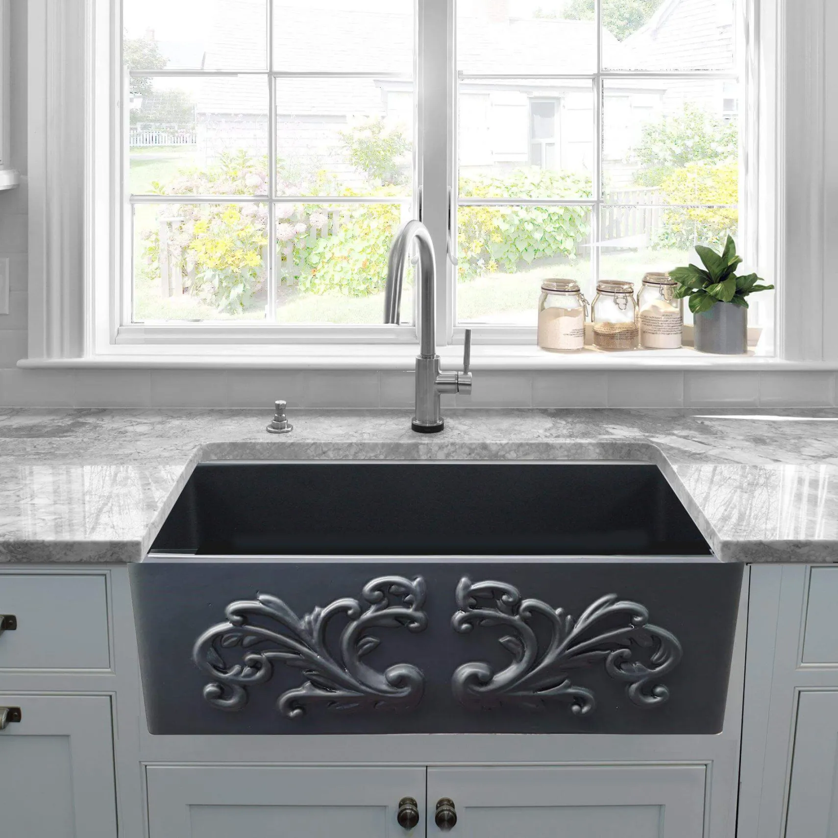 Nantucket Sinks Vineyard 33" Fireclay Farmhouse Sink, Matte Black, FCFS3320S-FiligreeMBL