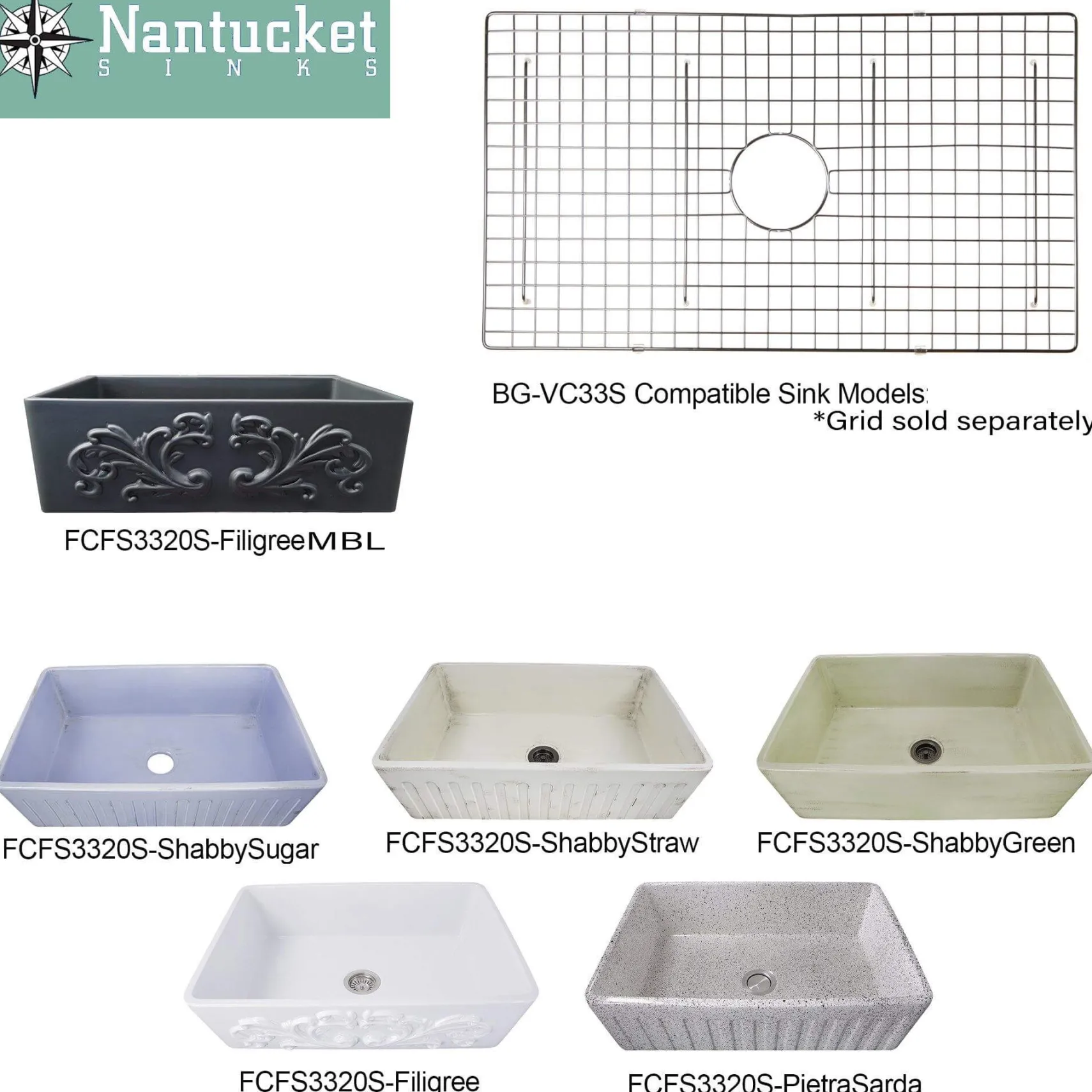 Nantucket Sinks Vineyard 33" Fireclay Farmhouse Sink, Matte Black, FCFS3320S-FiligreeMBL